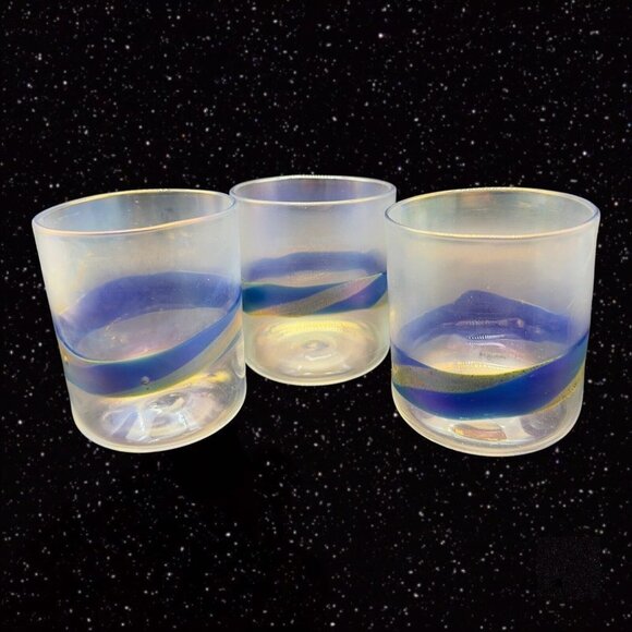 Studio Art Glass Juice Glasses Iridescent Hand Made Signed Roo Rum Set 6 Tumbler - Picture 3 of 14
